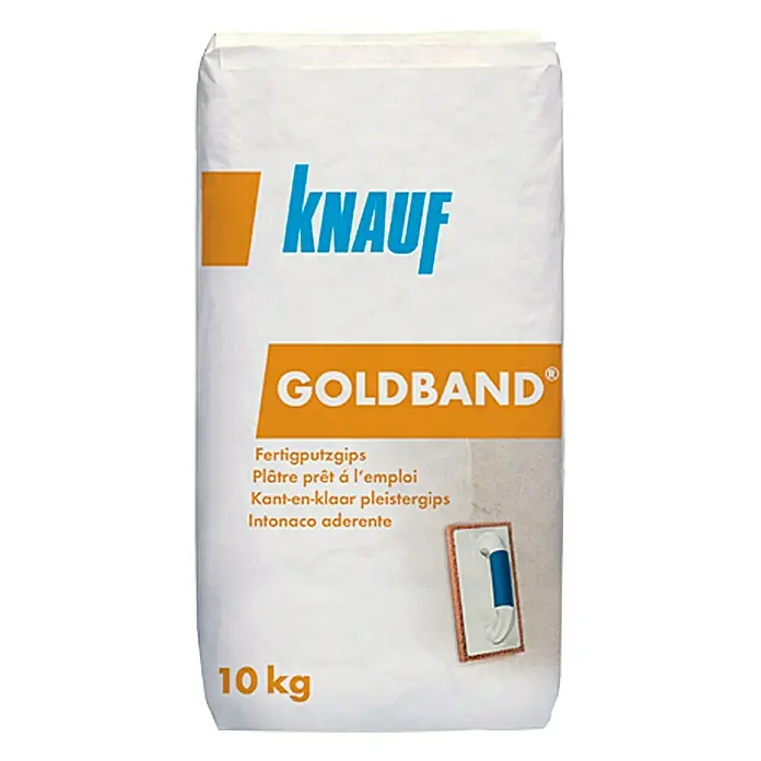 Knauf Fertigputzgips Goldband - 10 kg - Ein Sack Knauf Goldband Fertigputzgips mit dem Gewicht von 10 kg, ideal für glatte Wände.