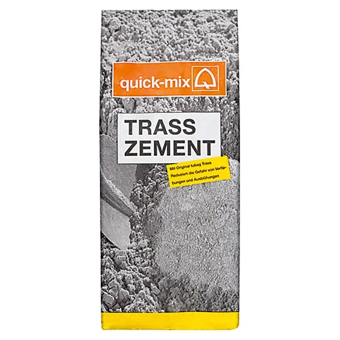 Quick-Mix Trasszement - 5 kg, Chromatarm - Abbildung einer Packung Quick-Mix Trasszement, einem Mörtelzusatz zur Reduzierung von Ausblühungen und Verfärbungen.