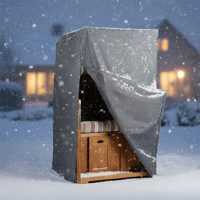 Bene Protect Strandkorb-Schutzhülle Aero Protect S - L x B x H: 85 x 104 x 170 cm, atmungsaktive Wabenstruktur, 1,5 g/m², grau - Graue Schutzhülle teilweise geöffnet auf einem hölzernen Strandkorb mit gestreiftem Kissen, im Schnee im Winter.