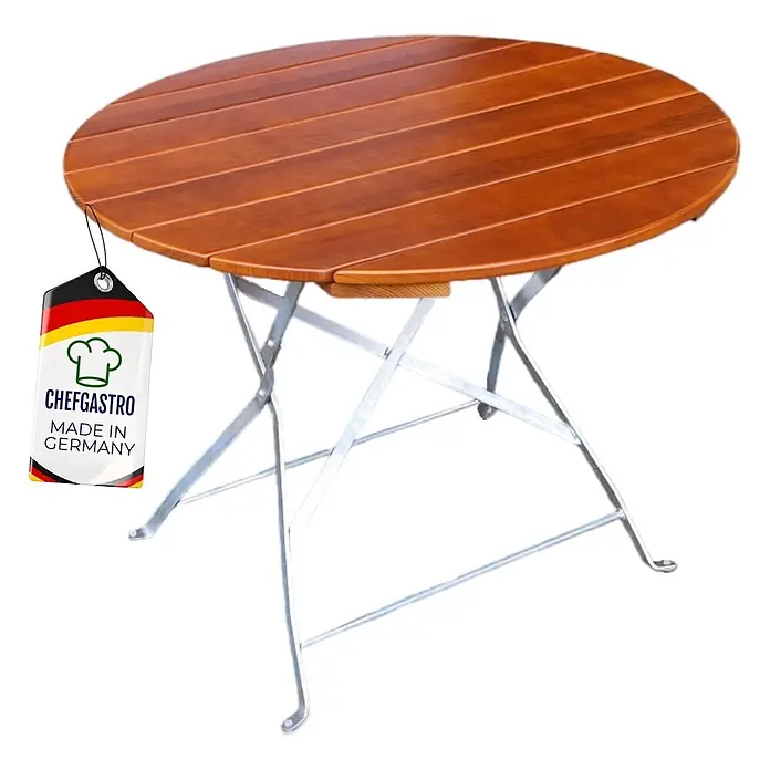 CHEFGASTRO Biergartentisch BERGTAL Made in Germany HxBxT 74x90x90cm Ø90cm klappbar wetterfest & UV-beständig Eschenholz Schwarz/Braun  3 Personen -  - Runder, brauner Holzklapptisch mit Lattenplatte, silbernem Metallgestell und "Made in Germany" Etikett.