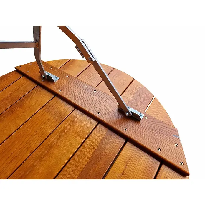 CHEFGASTRO Biergartentisch BERGTAL Made in Germany HxBxT 74x90x90cm Ø90cm klappbar wetterfest & UV-beständig Eschenholz Schwarz/Braun  3 Personen -  - Unterseite eines braunen Klapptisches aus Holz mit Metallstützen.