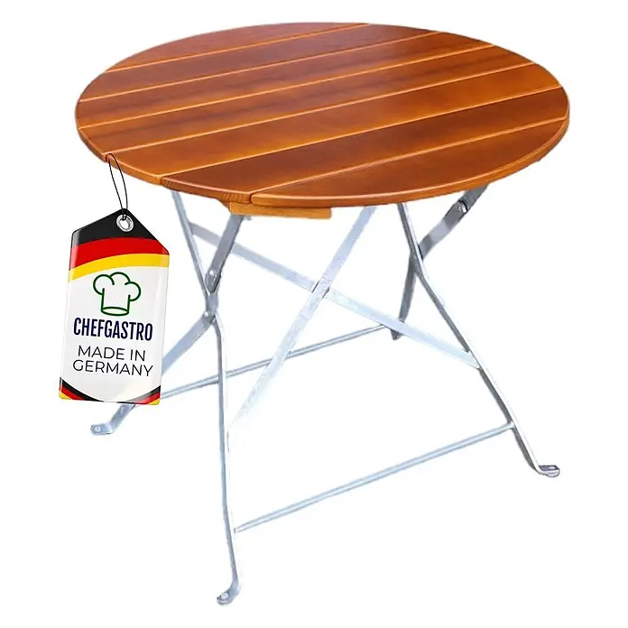 CHEFGASTRO Biergartentisch BERGTAL Made in Germany HxBxT 74x80x80cm Ø80cm klappbar wetterfest & UV-beständig Eschenholz Silber/Braun  2 Personen -  - Runder klappbarer Holztisch mit brauner Lattenplatte und silbernem Metallgestell.