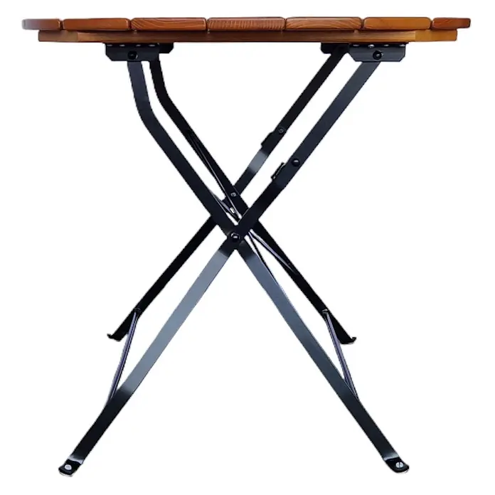 CHEFGASTRO Biergartentisch BERGTAL Made in Germany HxBxT 74x80x80cm Ø80cm klappbar wetterfest & UV-beständig Eschenholz Schwarz/Braun 2 Personen -  - Klappbarer Tisch mit einer Lattenholzplatte und einem schwarzen Metall-Kreuzgestell.