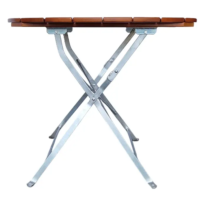 CHEFGASTRO Biergartentisch BERGTAL Made in Germany HxBxT 74x90x90cm Ø90cm klappbar wetterfest & UV-beständig Eschenholz Schwarz/Braun  3 Personen -  - Klappbarer Holztisch mit brauner Lattenplatte und silbernem Metall-X-Gestell.