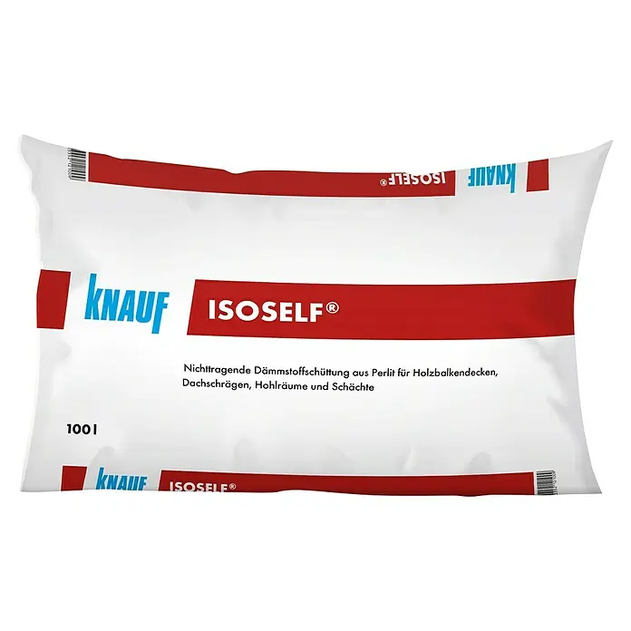 Knauf Isoself Hohlraumdämmung - 100 l - Produktabbildung eines Sackes Knauf Isoself Dämmstoffschüttung, ideal für die Wärmeisolierung von Holzbalkendecken, Dachschrägen und Hohlräumen.