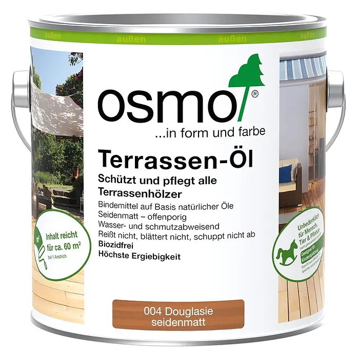 Osmo Douglasien-Öl 004 - Naturgetönt, Transparent, 2,5 l, Seidenmatt - Weiße Osmo Terrassen-Öl Dose für Douglasie, seidenmatt, außen anwendbar.