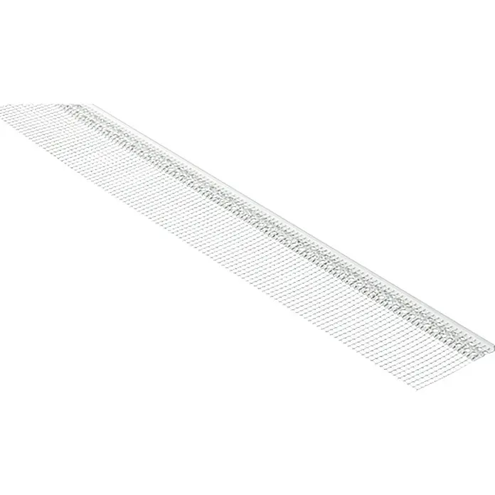 Probau WDVS-Abschlussprofil - 2 m x 14 cm, Angeschweißter Gewebestreifen - Abbildung eines Traufelkamms aus Metall, der für den Schutz von Dachrinnen vor Laub und Schmutz verwendet wird. Er ist auf einem weißen Hintergrund platziert.