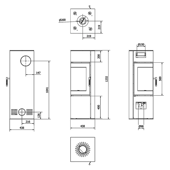 Estufa de leña angular Golfo - 8 kW, Volumen de calefacción: 175 m³, Negro - Dibujo técnico de una estufa rectangular, con vistas frontal, lateral y superior y dimensiones detalladas para la instalación.