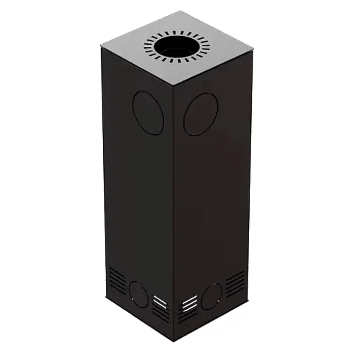 Estufa de leña angular Golfo - 8 kW, Volumen de calefacción: 175 m³, Negro - Columna metálica cuadrada oscura con parte superior perforada y aberturas de ventilación laterales.