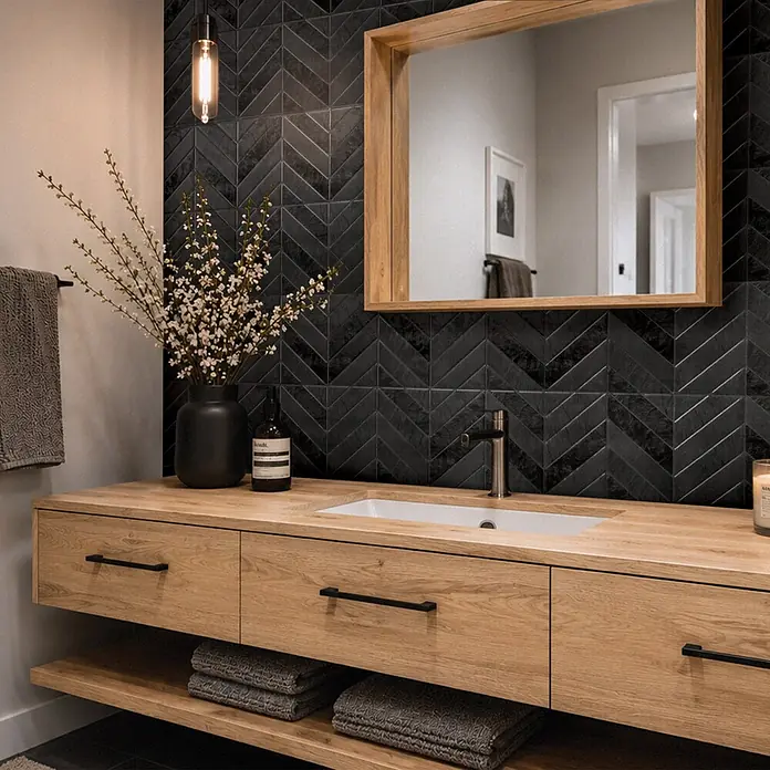 Smart Tiles Selbstklebemosaik Chevron - 29,02 x 22,86 cm, Marquina, Matt - Modernes Holzwaschtisch mit weißem Waschbecken und metallfarbener Armatur in einem gefliesten Bad.