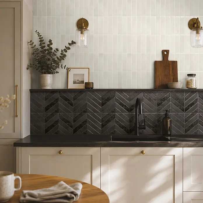 Smart Tiles Selbstklebemosaik Chevron - 29,02 x 22,86 cm, Marquina, Matt - Küchenrückwand mit hellen, vertikalen Rechteckfliesen über dunklen, texturierten Chevron-Fliesen.
