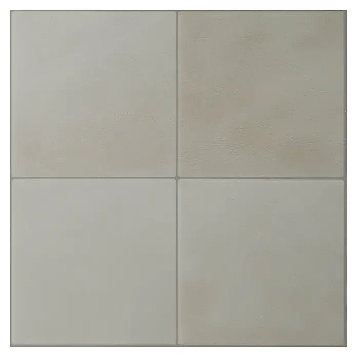 Smart Tiles Selbstklebemosaik Zellige - 22,86 x 22,86 cm, Zagora, Matt - Vier hellgraue, texturierte quadratische Fliesen in einem 2x2-Raster mit Fugen.