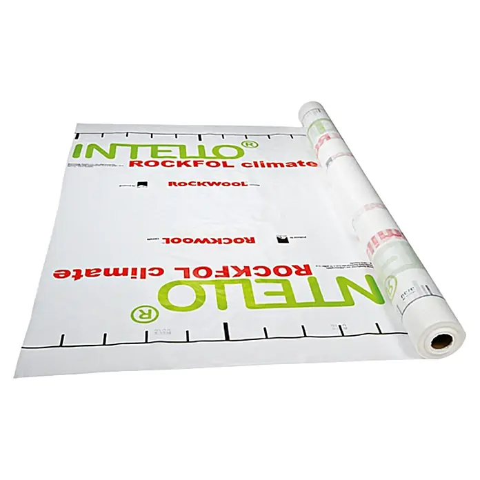 Rockwool Rockfol Dampfbremsfolie Intello Climate Plus - L x B: 50 x 1,5 m - Ein aufgerolltes Rockwool Intello Climate-Dämmschutzpapier, das für den Klimaschutz beim Bauen verwendet wird.
