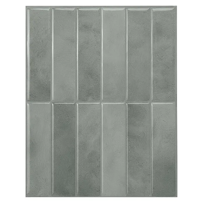 Smart Tiles Selbstklebemosaik Morocco - 29,02 x 22,86 cm, Casa, Glänzend - Rechteckige, graue, texturierte Fliesen mit dezentem Glanz, vertikal in einem Raster angeordnet.