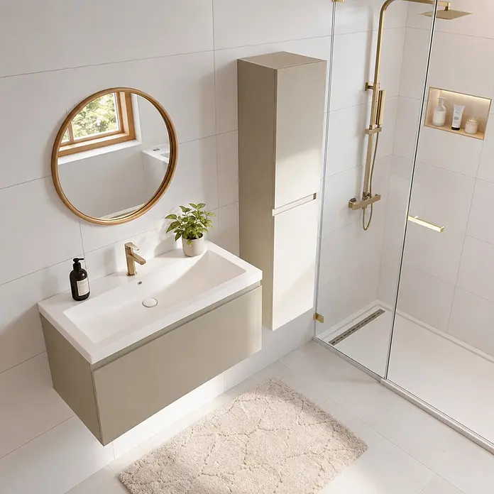 LOMAZOO Badmöbel-Set Sorrento 80 cm Greige, Waschbecken Weiß -  - Ein modernes Bad mit hellbeigem Waschtisch, rundem Spiegel, Hochschrank und einer Glasdusche mit Messingarmaturen.