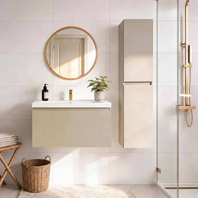 LOMAZOO Badmöbel-Set Sorrento 80 cm Greige, Waschbecken Weiß -  - Wandmontierter beiger Badschrank mit Waschbecken und passendem Hochschrank in einem modernen Bad.