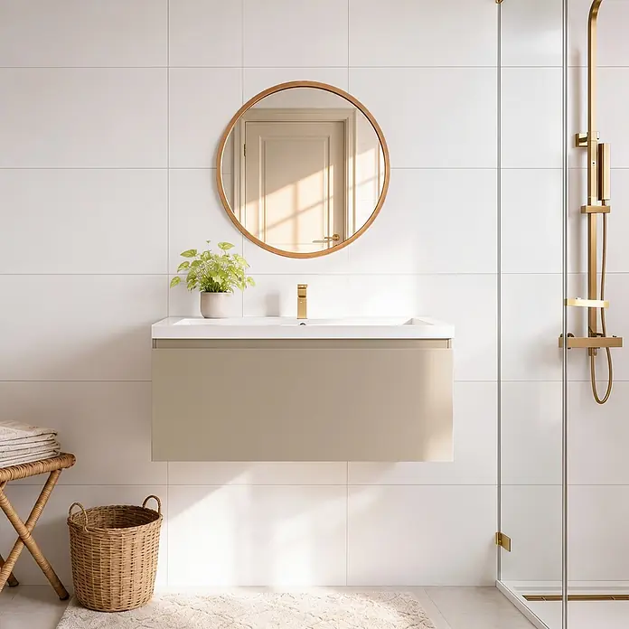 LOMAZOO Badmöbel-Set Sorrento 100 cm Greige, Waschbecken Weiß -  - Wandhängender beiger Badunterschrank mit integriertem Waschbecken, rundem Spiegel und goldenen Duscharmaturen im modernen Bad.