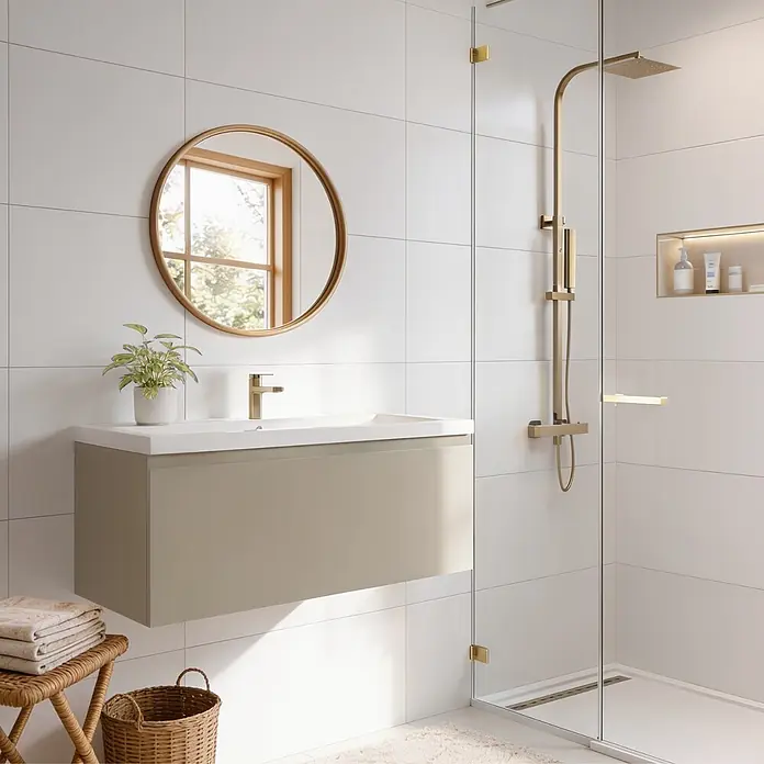 LOMAZOO Badmöbel Modena 100 cm Greige, Waschbecken Weiß -  - Moderne schwebende Badunterschrank mit hellbeigem Korpus, weißem Waschbecken und Messingarmatur, ergänzt durch runden Spiegel und Messing-Duscharmaturen.