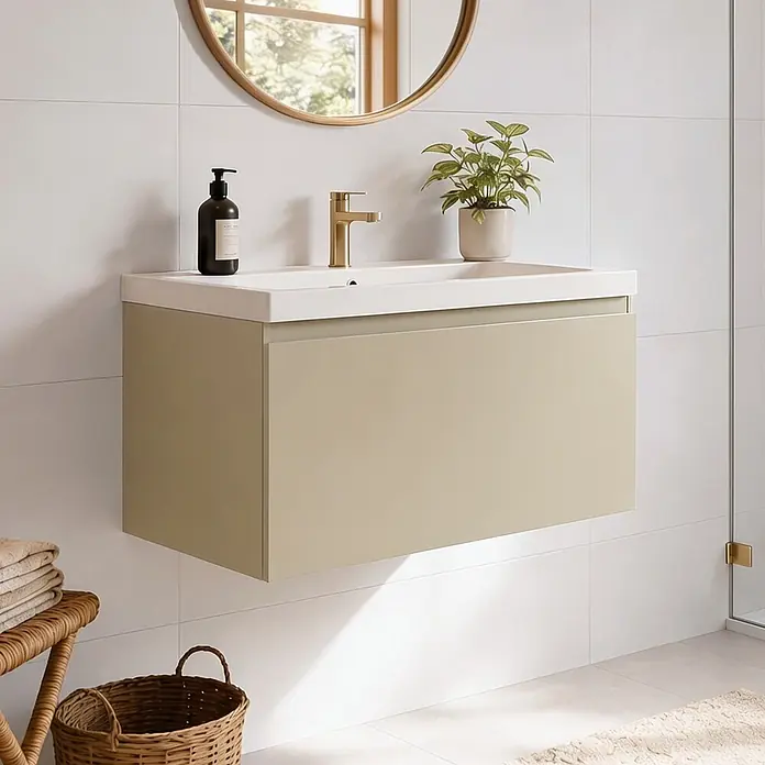 LOMAZOO Badmöbel-Set Sorrento 80 cm Greige, Waschbecken Weiß -  - Wandhängender beiger Badunterschrank mit weißem Waschbecken und goldenem Wasserhahn.