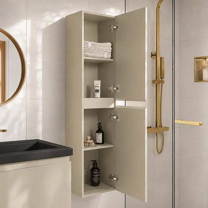LOMAZOO Badmöbel-Set SOR-BE-WZ-60 - Gesamtbreite Badmöbel: 60 cm, Greige (Graubeige) - Hoher beiger Badezimmer-Wandschrank, geöffnet mit Handtüchern und Toilettenartikeln auf den Regalen, neben Waschbecken und Dusche.