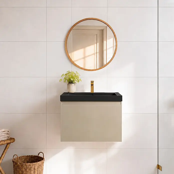 LOMAZOO Badezimmermöbel Greige 60cm - Schwarzes Waschbecken - Beige-graues Waschbeckenmöbel - Schwebender Waschbeckenunterschrank [MODENA] -  - Wandhängender Badezimmerschrank mit hellbeigem Unterschrank, schwarzem Waschbecken und goldener Armatur im modernen Bad.