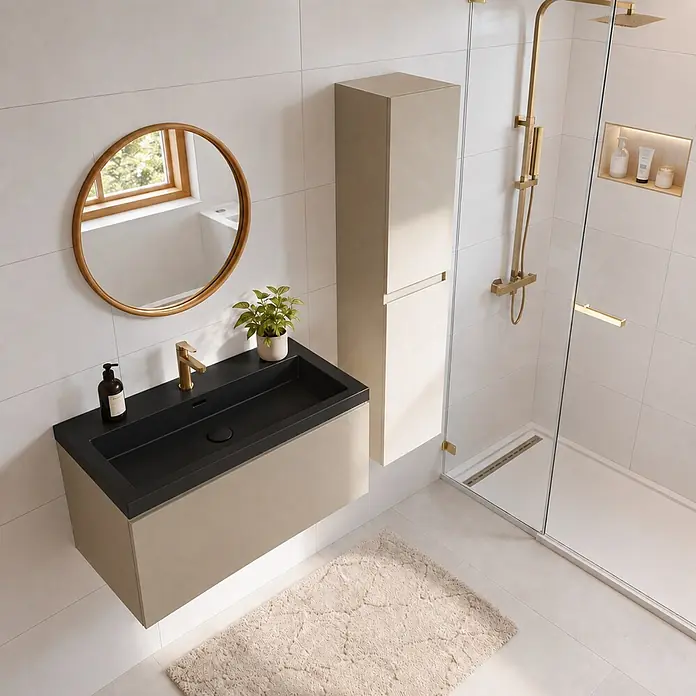 LOMAZOO Badmöbel-Set SOR-BE-WZ-80 - Gesamtbreite Badmöbel: 80 cm, Greige (Graubeige) - Modernes Badezimmer mit schwebendem beigem Waschtisch, schwarzem Becken, hohem beigem Schrank und messingfarbenen Duscharmaturen.