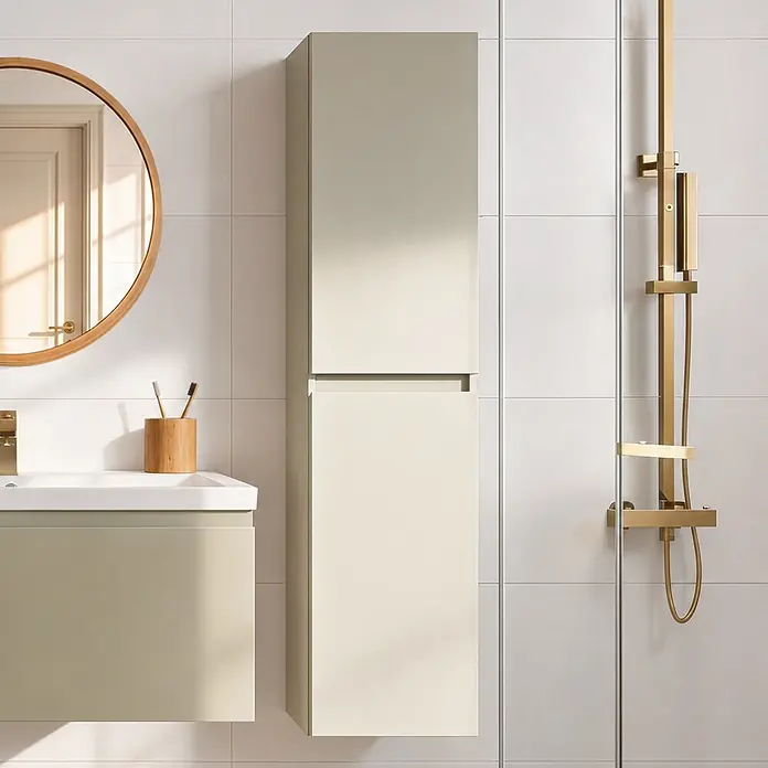 LOMAZOO Badmöbel-Set SOR-BE-WW-60 - Gesamtbreite Badmöbel: 60 cm, Greige (Graubeige) - Wandhängender greiger Waschtischunterschrank mit integriertem Waschbecken und passendem Hochschrank im modernen Badezimmer.