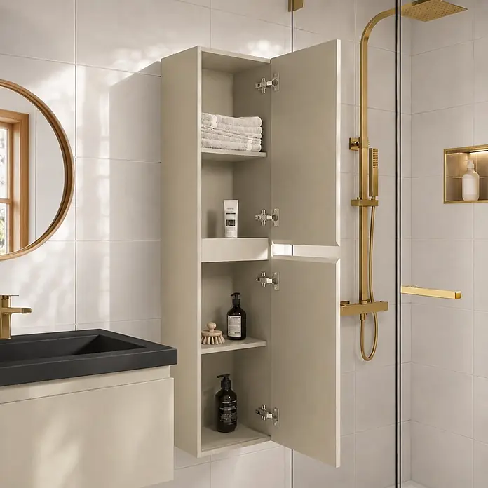 LOMAZOO Badmöbel-Set SOR-BE-WZ-80 - Gesamtbreite Badmöbel: 80 cm, Greige (Graubeige) - Hellbeiger Bad-Wandschrank mit offenen Türen und Innenfächern zur Aufbewahrung.