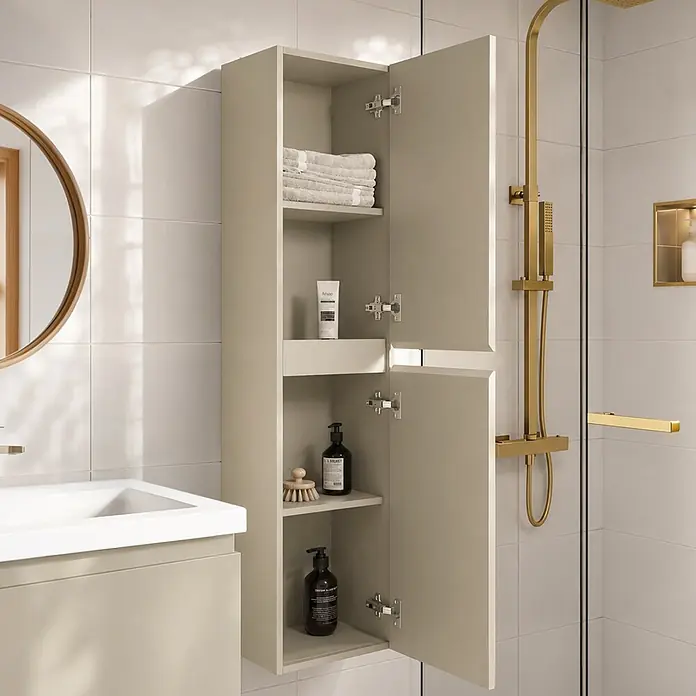 LOMAZOO Badmöbel-Set SOR-BE-WW-60 - Gesamtbreite Badmöbel: 60 cm, Greige (Graubeige) - Hoher, hellbeiger Badschrank mit offenen Türen, bietet organisierten Stauraum für Handtücher und Pflegeprodukte.
