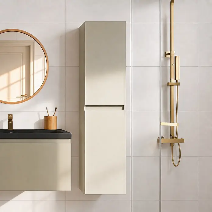 LOMAZOO Badmöbel-Set SOR-BE-WZ-80 - Gesamtbreite Badmöbel: 80 cm, Greige (Graubeige) - Modernes Badezimmer mit beigem Waschtisch, schwarzem Waschbecken, goldenem Wasserhahn, rundem Spiegel, hohem Schrank und goldener Duscharmatur.