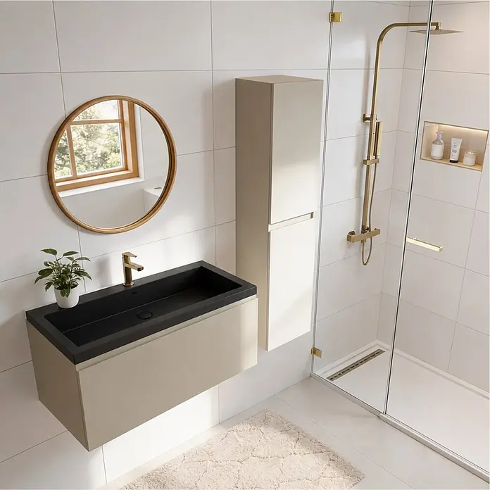 LOMAZOO Badmöbel-Set SOR-BE-WZ-100 - Gesamtbreite Badmöbel: 100 cm, Greige (Graubeige) - Modernes Bad mit wandhängendem beigem Waschtisch, schwarzem Becken und Goldarmatur, dazu passendem Hochschrank und Golddusche.