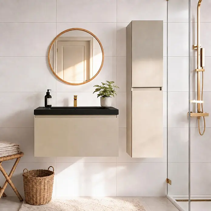 LOMAZOO Badmöbel-Set SOR-BE-WZ-80 - Gesamtbreite Badmöbel: 80 cm, Greige (Graubeige) - Beiger wandmontierter Badezimmerschrank mit schwarzer Platte, rundem Spiegel, hohem Schrank und goldener Duscharmatur.