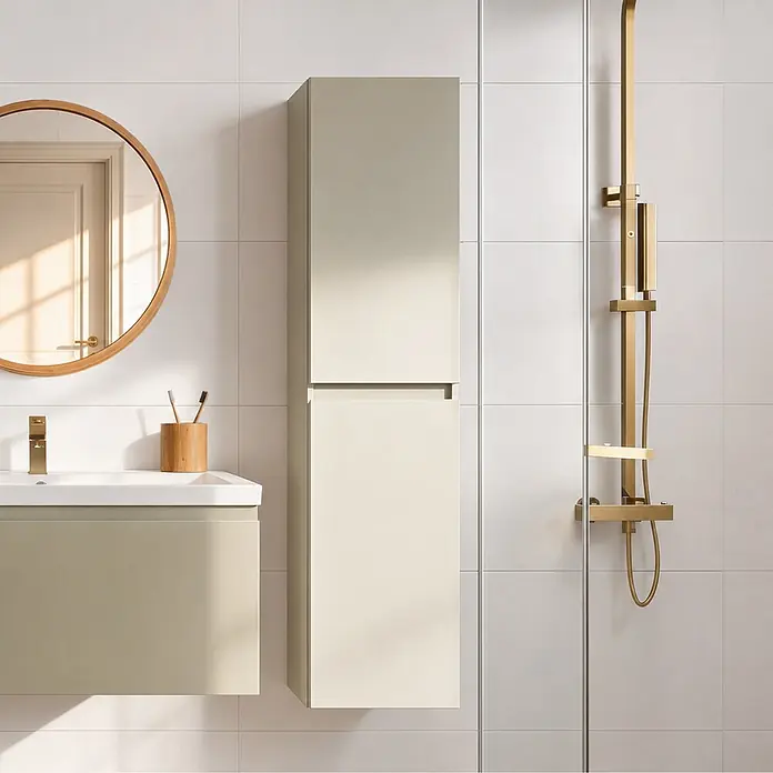 LOMAZOO Badmöbel-Set Sorrento 100 cm Greige, Waschbecken Weiß -  - Modernes Bad mit hellbeigem Waschtisch, Hochschrank und goldenen Armaturen.