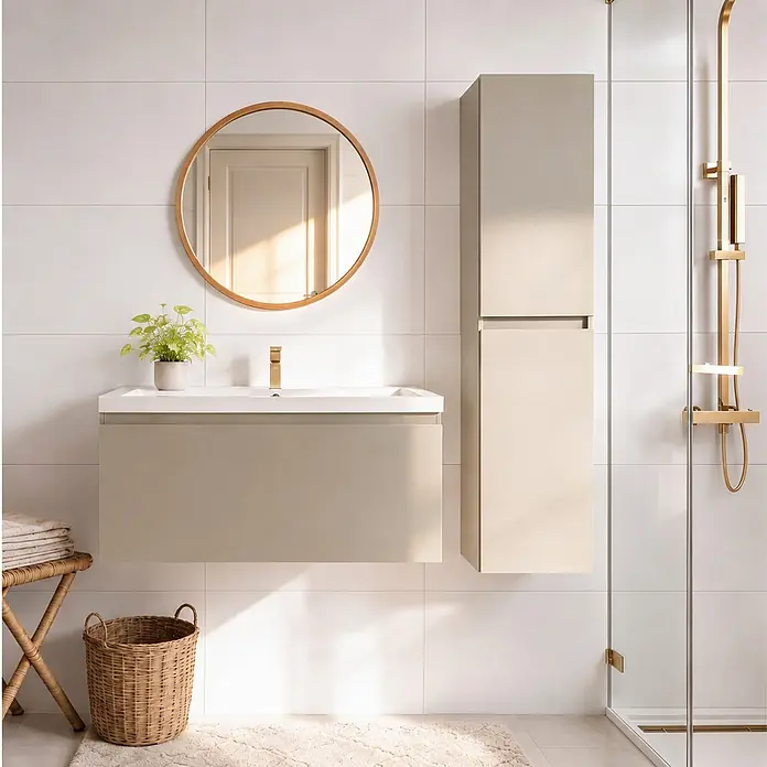 LOMAZOO Badmöbel-Set Sorrento 100 cm Greige, Waschbecken Weiß -  - Modernes Badezimmer mit schwebendem Waschtisch und passendem Hochschrank in Hellbeige, ergänzt durch goldene Armaturen und einen runden Spiegel.