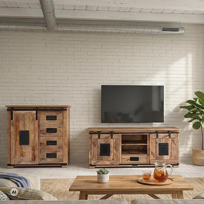 Bene Living Kommode Florenz - L x B x H: 45 x 128 x 70 cm, Braun, Anzahl Schubladen: 1 Stk. - Rustikale, hellbraune Wohnzimmermöbel aus Holz, bestehend aus einem TV-Ständer und einem Schrank mit schwarzen Industrie-Metallakzenten.