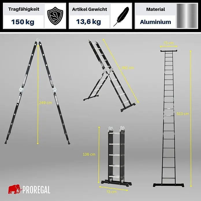 Proregal Mehrzweckleiter Sprossen-Mehrzweckleiter MULTISTEP 3-teilig Aluminiumleiter 4x5 Sprossen - Anzahl Tritte: 20 Stk., Arbeitshöhe: 513 m, Belastbarkeit: 150 kg, Aluminium