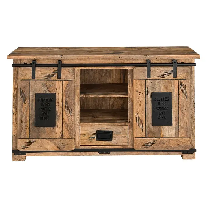 Bene Living Kommode Florenz - L x B x H: 45 x 128 x 70 cm, Braun, Anzahl Schubladen: 1 Stk. - Rustikaler Holzschrank mit Schiebetüren im Scheunentor-Stil, schwarzen Metallbeschlägen, offenen Regalen und einer Schublade.