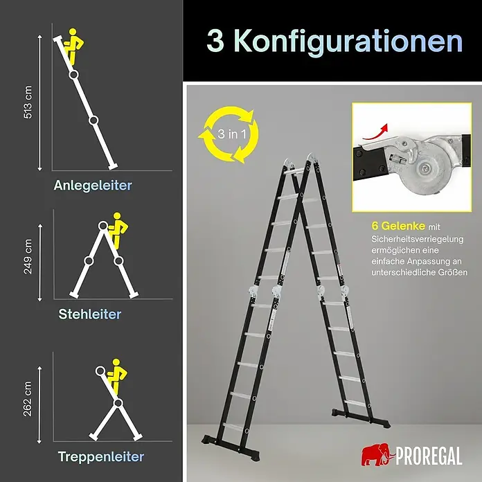 Proregal Mehrzweckleiter Sprossen-Mehrzweckleiter MULTISTEP 3-teilig Aluminiumleiter 4x5 Sprossen - Anzahl Tritte: 20 Stk., Arbeitshöhe: 513 m, Belastbarkeit: 150 kg, Aluminium