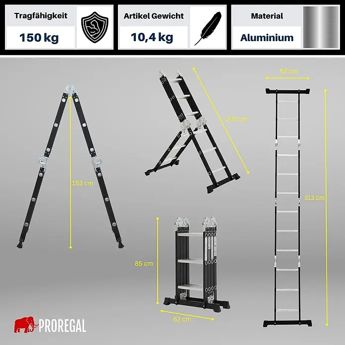 Proregal Mehrzweckleiter Sprossen-Mehrzweckleiter MULTISTEP 3-teilig Aluminiumleiter 4x3 Sprossen - Anzahl Tritte: 12 Stk., Arbeitshöhe: 313 m, Belastbarkeit: 150 kg, Aluminium