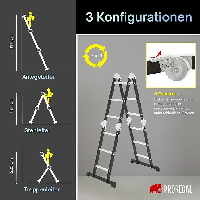 Proregal Mehrzweckleiter Sprossen-Mehrzweckleiter MULTISTEP 3-teilig Aluminiumleiter 4x3 Sprossen - Anzahl Tritte: 12 Stk., Arbeitshöhe: 313 m, Belastbarkeit: 150 kg, Aluminium
