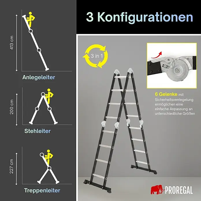 Proregal Mehrzweckleiter Sprossen-Mehrzweckleiter MULTISTEP 3-teilig Aluminiumleiter 4x4 Sprossen - Anzahl Tritte: 16 Stk., Arbeitshöhe: 415 m, Belastbarkeit: 150 kg, Aluminium