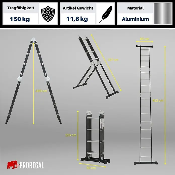 Proregal Mehrzweckleiter Sprossen-Mehrzweckleiter MULTISTEP 3-teilig Aluminiumleiter 4x4 Sprossen - Anzahl Tritte: 16 Stk., Arbeitshöhe: 415 m, Belastbarkeit: 150 kg, Aluminium