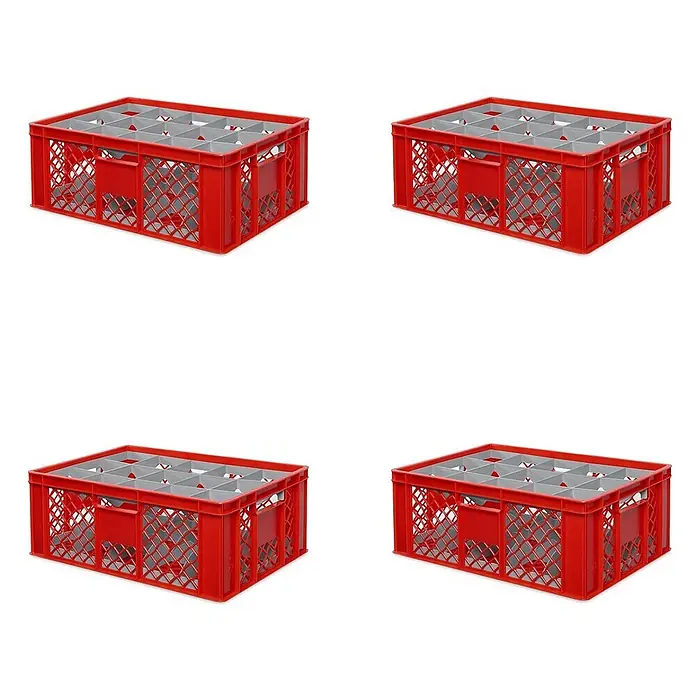 BRB 4x Gläserkiste 600x400 mm für 15 Gläser bis 205 mm Höhe/Durchmesser 109 mm, rot -  - Vier rote Kunststoffkisten mit grauen Einsätzen zum Transport und zur Lagerung von Gläsern.