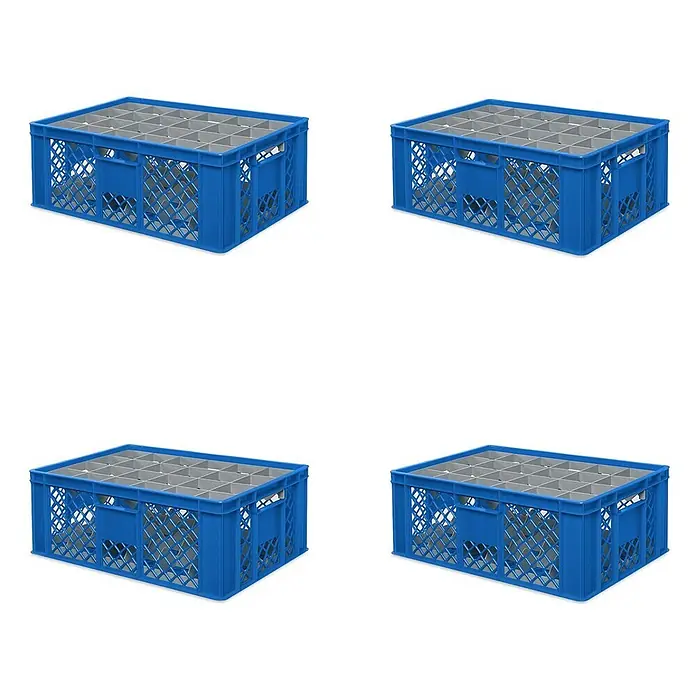 BRB 4x Gläserkiste 600x400 mm 24 Gläser bis 205 mm Höhe/Durchmesser 87 mm, blau -  - Blauer Kunststoff-Gläserkorb mit grauen Unterteilungen zum Waschen und Lagern von Gläsern.