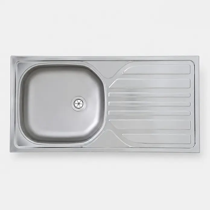 Respekta Singleküche Merle Typ 1 - Breite: 270 cm, Schwarz, Mit Elektrogeräten, Volumen Backofen: 72 l - Küchenspüle aus Edelstahl mit einem Spülbecken und gerippter Abtropffläche.