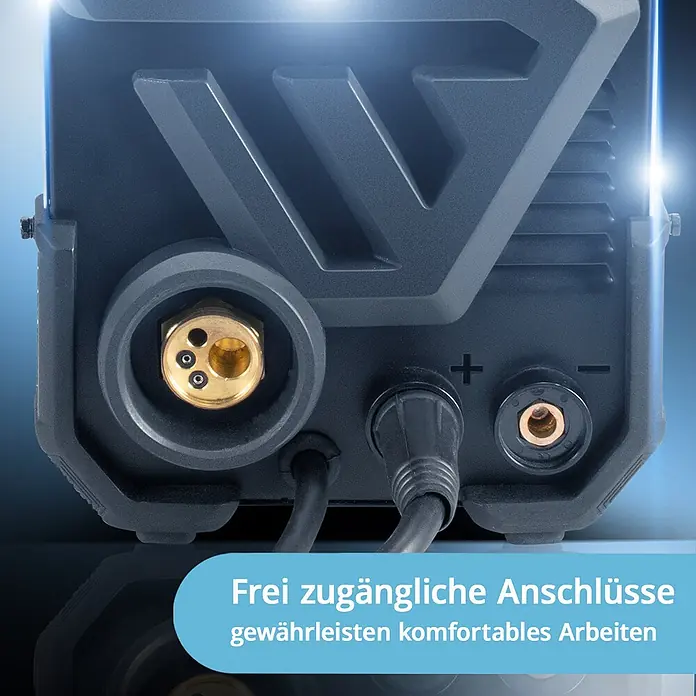 STAHLWERK MIG/MAG-Schweißgerät 200 Puls Pro - Schweißstrom: 200 A, 230 V - 230 V - Rückseite eines dunkelgrauen Schweißgeräts mit gut zugänglichen Messing-Mehrpolanschluss und Plus-/Minuspolen für komfortable Einrichtung.