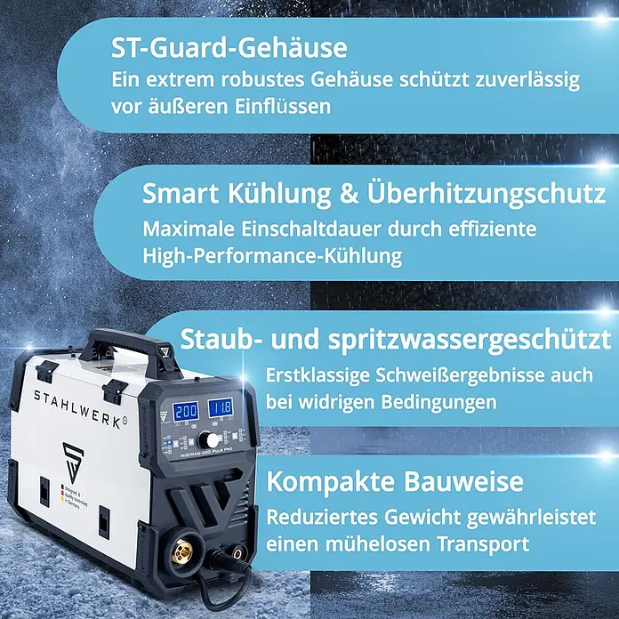 STAHLWERK MIG/MAG-Schweißgerät 200 Puls Pro - Schweißstrom: 200 A, 230 V - 230 V - Weiße und schwarze STAHLWERK Schweißmaschine mit robustem Gehäuse, smarter Kühlung und kompakter Bauweise.