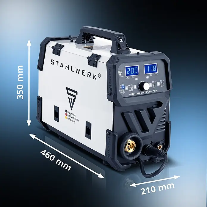 STAHLWERK MIG/MAG-Schweißgerät 200 Puls Pro - Schweißstrom: 200 A, 230 V - 230 V - Weiß-schwarzes Stahlwerk MIG/MAG-200 Puls Pro Schweißgerät mit Digitalanzeige und Abmessungen. Entwickelt in Deutschland.