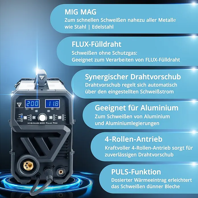 STAHLWERK MIG/MAG-Schweißgerät 200 Puls Pro - Schweißstrom: 200 A, 230 V - 230 V - Dunkelgraue und schwarze MIG/MAG-200 Puls Pro Schweißmaschine mit Digitalanzeigen und Bedienelementen.