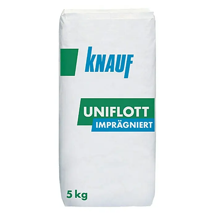 Knauf Fugenspachtel Uniflott imprägniert - 5 kg - Ein weißer Sack Knauf Uniflott imprägniert mit blau-grüner Beschriftung und dem Gewicht 5 kg.